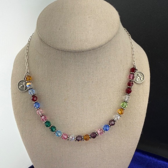 Estate Jewelry - Vintage Signed Beaded Necklace Multicolor Sterling Silver Cherub Charm 27"